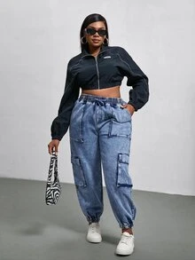 Slaydiva Plus Size Drawstring Tie Elastic Waist Pocket Denim Jeans Women's Jeans - Light Wash - View 5
