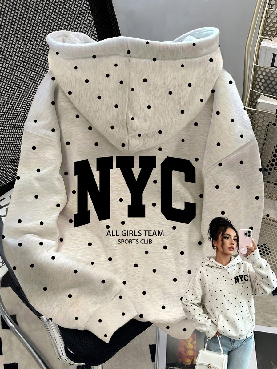 Resyla Women's Polka Dot & Letter Print Hooded Sweatshirt With Pocket - Multicolor - View 1