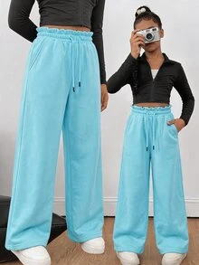 SHEIN Tween Girl) Casual All-Match Versatile Streetwear Pocket Loose Wide Leg Elastic Waist Washed Snow Wash Sweatpants - Mint Blue - View 4