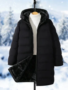 SHEIN 1pc Teen Girl Mid-Length Padded Coat Casual Junior Baggy Cute Versatile Autumn Winter Work Black - Black - View 8