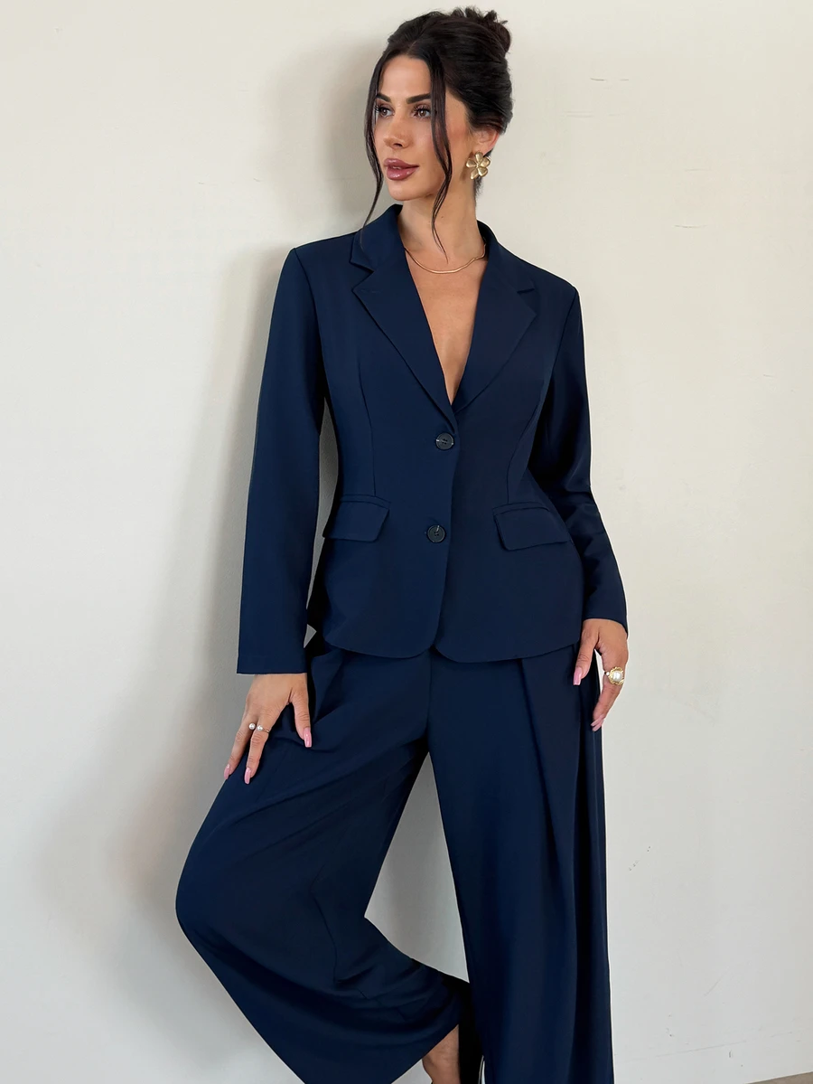 Firerie Set Setelan Blazer & Celana Lengan Panjang Biru Navy Polos Elegan untuk Komuter Musim Gugur/Dingin, Cocok untuk Pakaian Kantor, Set Setelan Wanita - Navy Blue - View 1