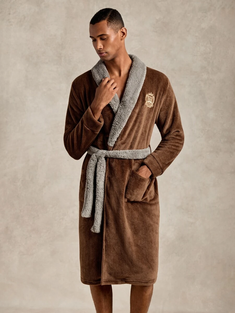 EverLounge Men's Autumn/Winter Minimalist Basic Fashion Comfortable British Style Embroidered Red Brown Flannel Contrast Dark Grey Double-Sided Fleece Shawl Collar Long Home Wear Robe Coat - Brown - View 1