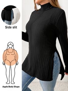 Shapeblank تي شيرت كاجوال مضلع للنساء بمقاس كبير، لون موحد، ياقة واقفة، وفتحة جانبية في الحافة - الأسود - مشاهدة 1