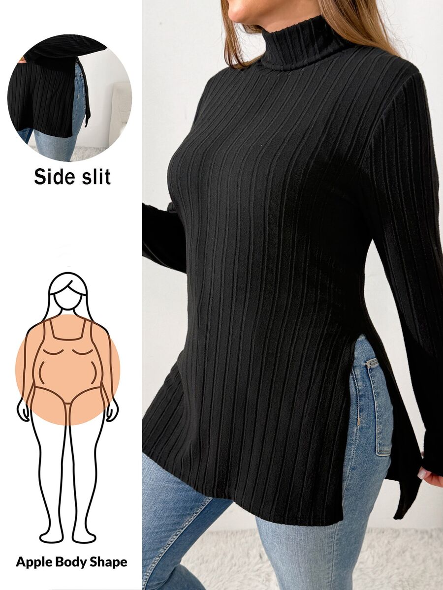 Shapeblank تي شيرت كاجوال مضلع للنساء بمقاس كبير، لون موحد، ياقة واقفة، وفتحة جانبية في الحافة - الأسود - مشاهدة 1