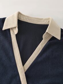 Balvessa 女款燈芯絨拼色不對稱領長袖休閒襯衫 - 彩色 - 查看 4