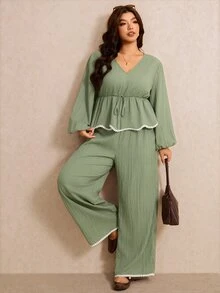 Elaquor Plus Contrast Binding Peplum Top & Wide Leg Pants Fall - Green - View 1