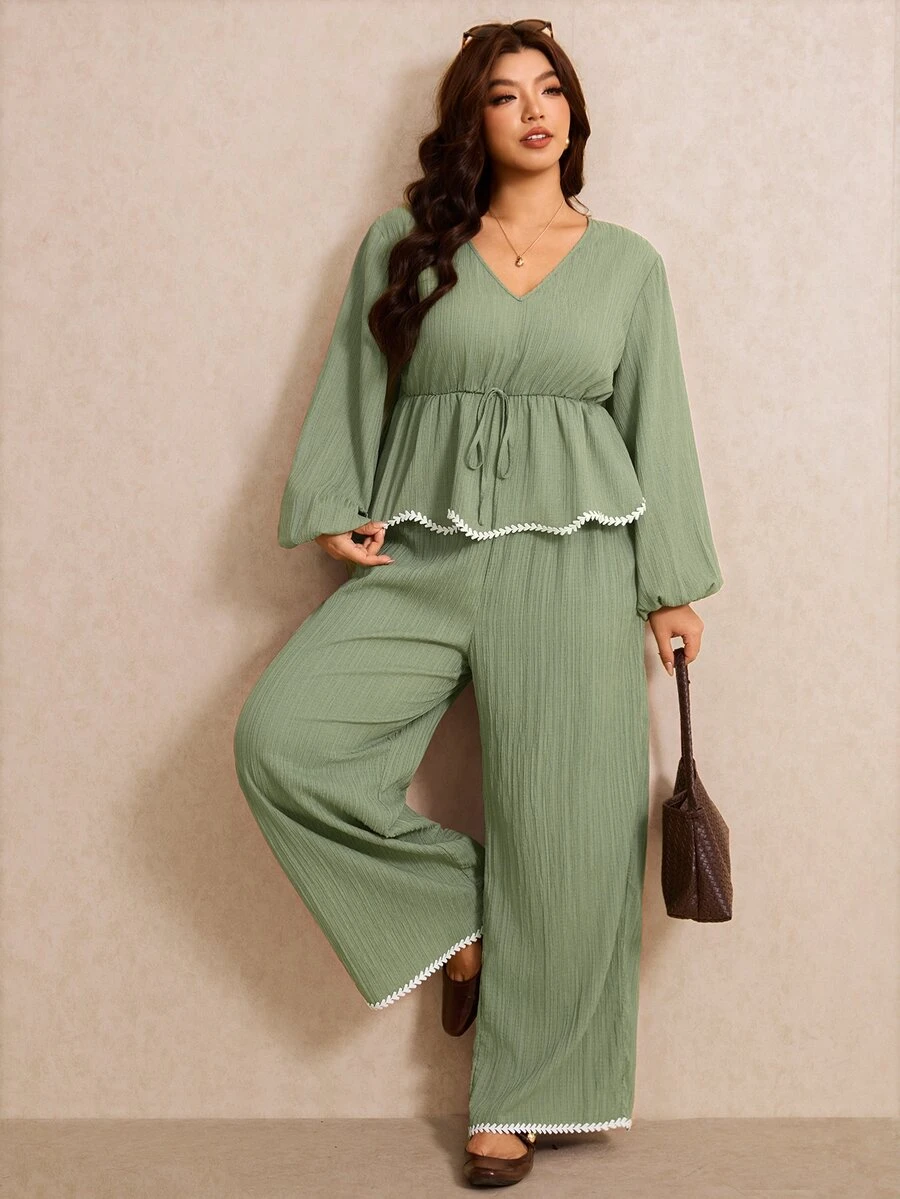 Elaquor Plus Contrast Binding Peplum Top & Wide Leg Pants Fall - Green - View 1