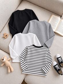 SHEIN Playful Pals 4pcs Boys Casual Solid Color Versatile Crew Neck Long Sleeve T-Shirts Suitable For All Seasons - Black and White - View 2