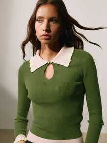 Nöista Women's Contrast Color Lapel Long Sleeve Slim Fit Versatile Sweater - Green - View 3