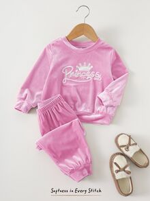 Cozy Pixies 女嬰字母皇冠刺繡天鵝絨圓領長袖套頭運動衫與彈性腰錐腳褲 2件組 幼兒女童服裝 舒適百搭時尚休閒可愛簡約全能風格 適用秋冬室內外 滑雪 開學 日常運動玩耍 派對 節日 萬聖節 聖誕節 新年 情人節 多種場合 - 淡紫色 - 查看 1