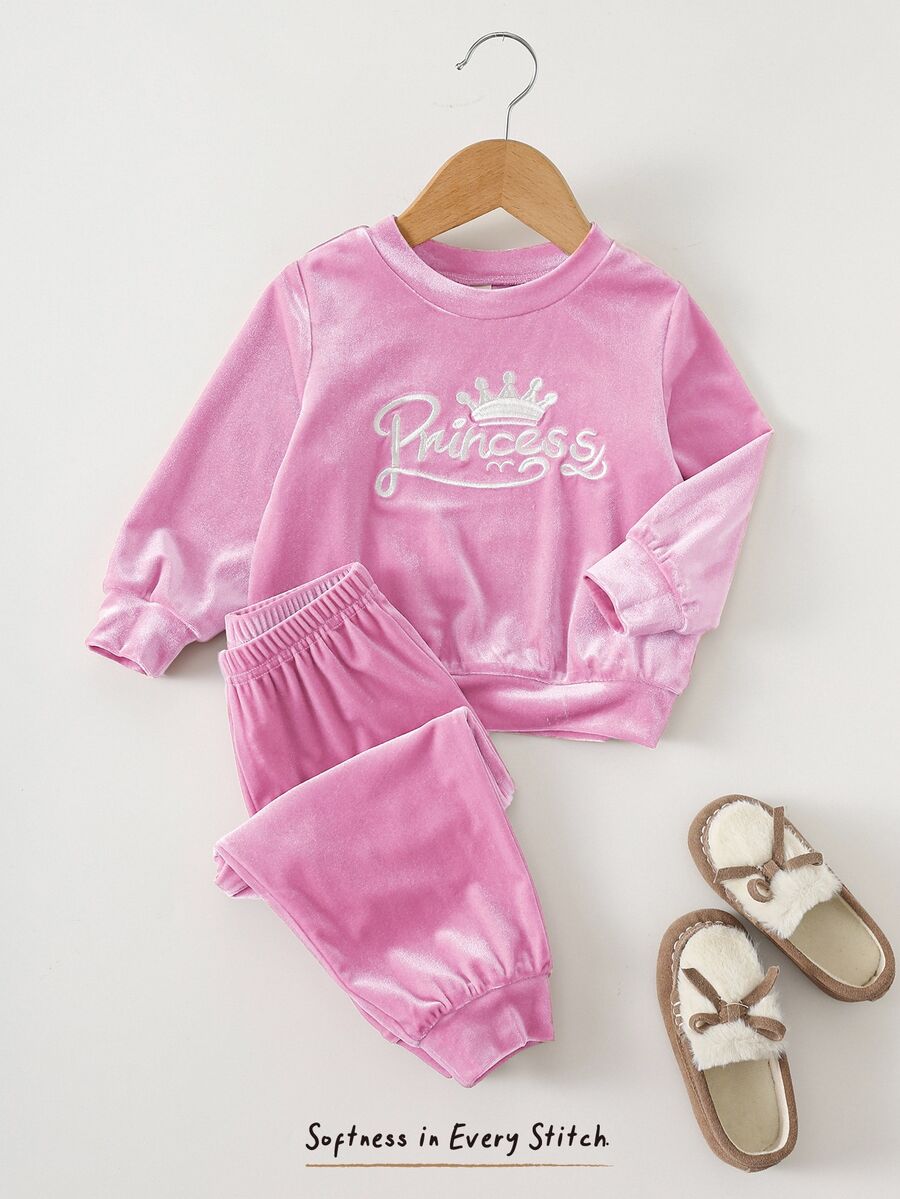 Cozy Pixies 女嬰字母皇冠刺繡天鵝絨圓領長袖套頭運動衫與彈性腰錐腳褲 2件組 幼兒女童服裝 舒適百搭時尚休閒可愛簡約全能風格 適用秋冬室內外 滑雪 開學 日常運動玩耍 派對 節日 萬聖節 聖誕節 新年 情人節 多種場合 - 淡紫色 - 查看 1