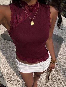Aloruh Women's Solid Color High Neck Lace Patchwork Asymmetrical Hem Sleeveless T-Shirt - Burgundy - View 7