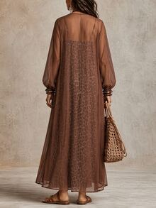LUMIGAL Women's Chiffon Long Sleeve Long Jacket + Leopard Print Spaghetti Strap Dress Two Pieces Set - Multicolor - View 2