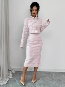 Elenzga Women's Plaid 3D Button Decor Spaghetti Strap Maxi Dress With Frog Button Long Sleeve Cardigan Elegant 2 Pieces Set - Pink - View 6