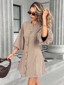 Pariaura Elegant Casual Slim Fit Flattering Single-Breasted Lantern Sleeve Short Sleeve Dress - Multicolor - View 5
