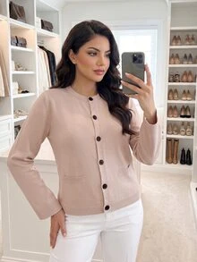Dripcurv Plus Size Women's Solid Color Long Sleeve Single-Breasted Knit Cardigan Winter - Grey - View 5