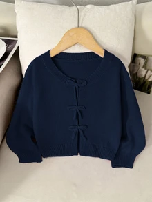 SHEIN LMoss Kids 女童少女粉色針織秋季毛衣，蝴蝶結裝飾，可愛休閒，柔軟舒適百搭，適合派對與度假場合 - 藍色 - 查看 4