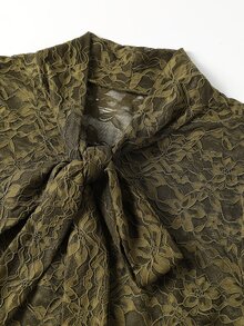 Velvienne Olive Green Floral Lace Blouse, High Neck Bowknot Ribbon Lantern Long Sleeve Commuter Top Fall - Olive Green - View 5