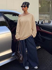 Veykashi 女款休閒杏色露肩寬鬆長袖衛衣 冬季反季服飾 - 杏色 - 查看 5