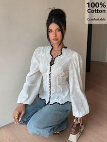 Siren Gaze Women's Embroidered Openwork Top, V-Neck With Lace Trim, Long Puff Sleeves, Front Tie Waist, Short Shirt, Available In White, Cream, And Ivory. French Romantic Style, Sweet And Fashionable, Suitable For Casual Dates, Summer, Spring, And Autumn. - White - View 6