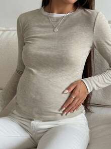 DAZY Patchwork Contrast Color Fitted Elastic Long Sleeve Base Layer Casual Daily Spring Autumn Maternity T-Shirt - Apricot - View 1