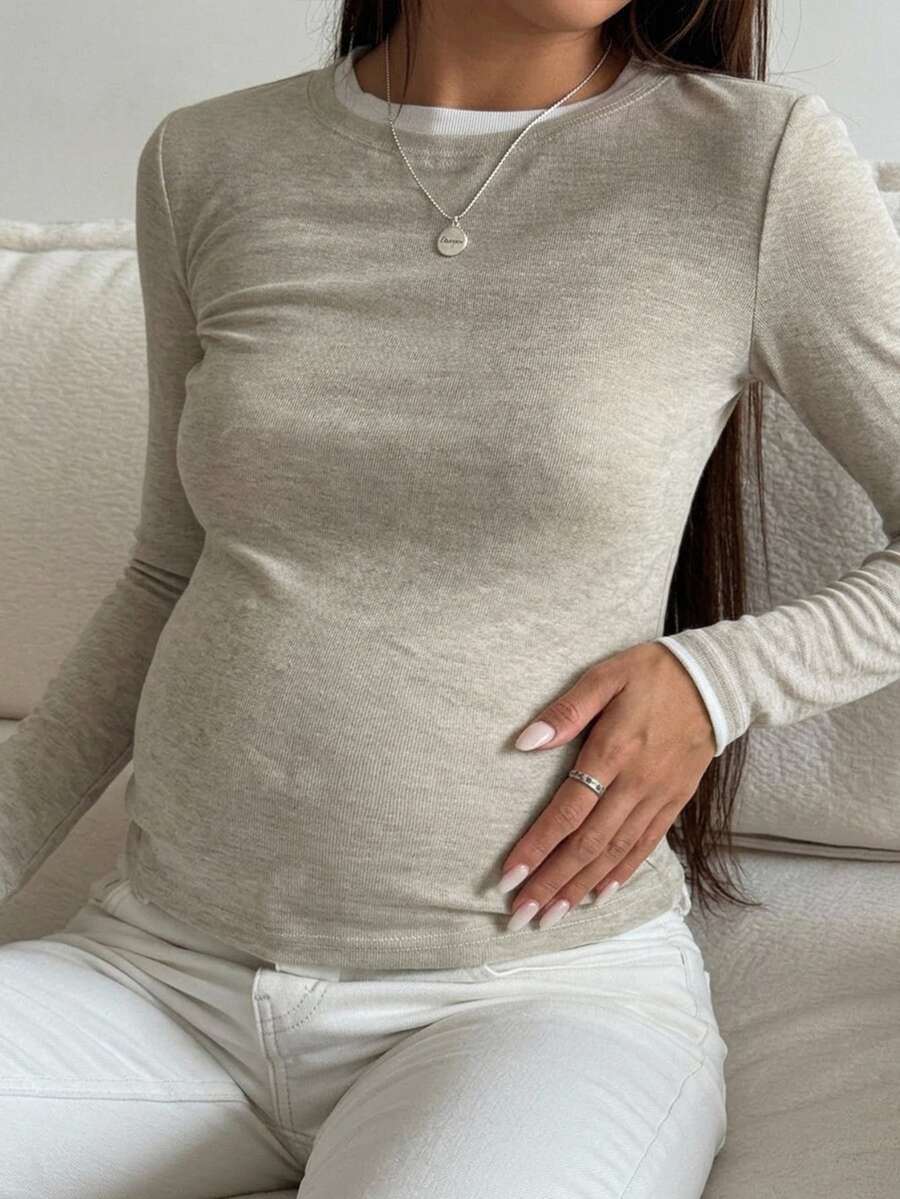 DAZY Patchwork Contrast Color Fitted Elastic Long Sleeve Base Layer Casual Daily Spring Autumn Maternity T-Shirt - Apricot - View 1