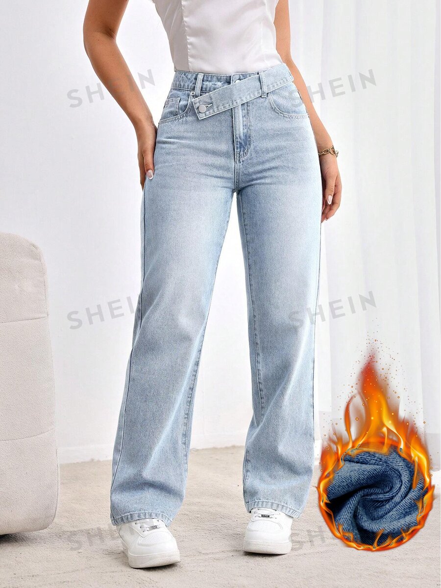 SHEIN Tall 女款休閒日常旅行牛仔褲,附口袋與鈕扣設計 - 淺色水洗藍 - 查看 1