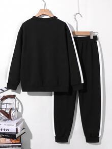 Teen Boy Casual Minimalist Long Sleeve Comfortable Crew Neck Sweatshirt & Pants 2 Pieces Set, Thermal Lined, Suitable For Autumn/Winter - Multicolor - View 5
