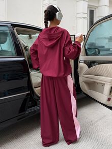 Muchica Women's Autumn New Burgundy Color Block Casual Loose Open Front Zipper Hooded Jacket & Pants Set - Multicolor - View 2