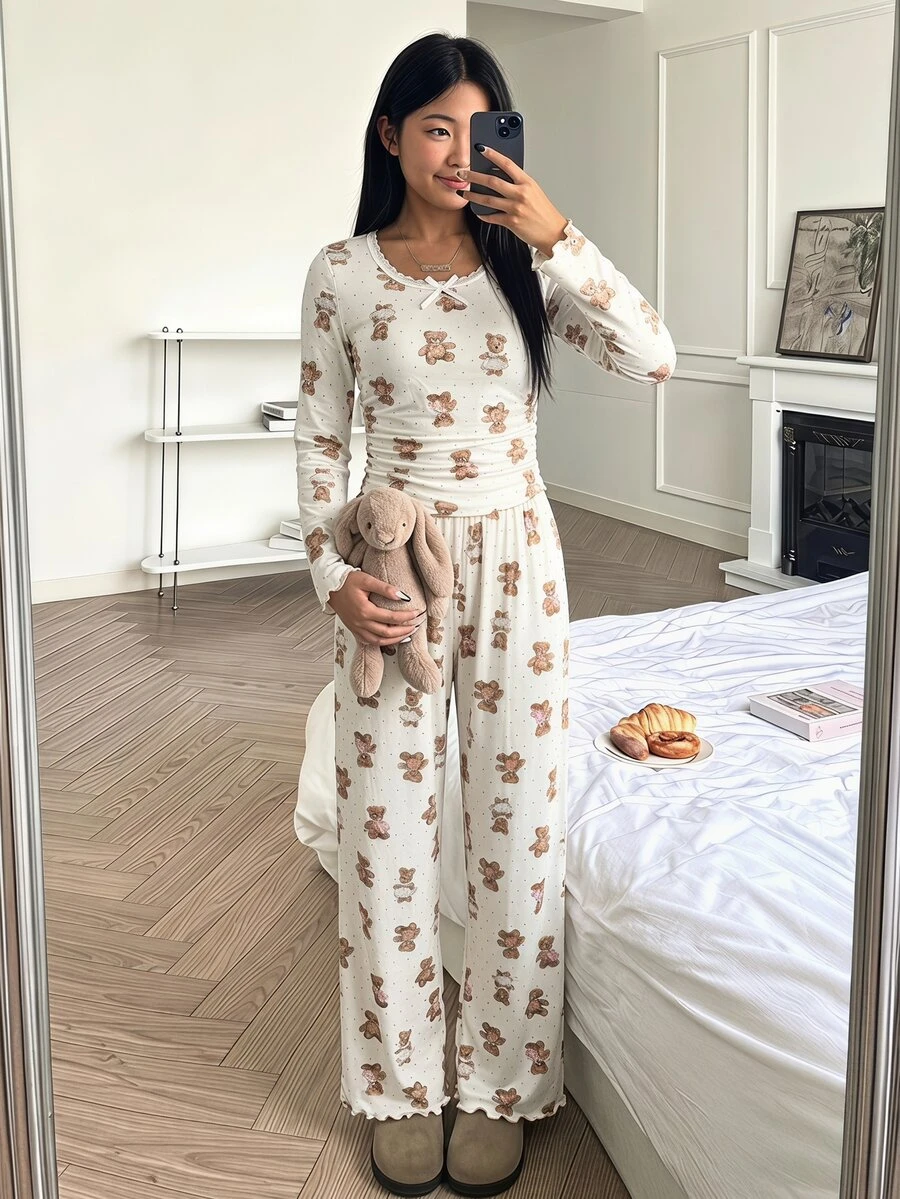 SHEIN Teen Girl Teen Girl Sweet Simple Cute Bear Pattern Round Neck Ruffle Trim Gathered Hem Long Sleeve Extended Pants Soft Comfortable Home Sleepwear Set 2pcs - Multicolor - View 1
