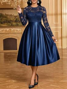SHEIN Lady Women's Plus Size Elegant Party Dress Lace Patchwork Dress - Blue - View 1