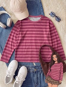 Comfortcana Plus Size Korean Style Minimalist Striped Colorblock Long Sleeve Crew Neck T-Shirt - Watermelon Pink - View 11