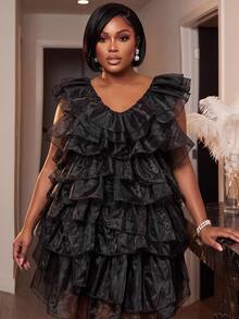 Slaydiva Plus Size Women Mini Dress, Black Sleeveless Deep V Multi-Layer Ruffle Organza Club Party Dress - Black - View 9