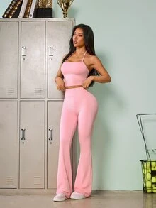SHEIN Sovereign Charm Women's Solid Color Minimalist Halter Neck Tank Top And Flared Long Pants With Long Sleeve Cardigan Sports Set - Pink - View 7