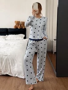 Napfluff Polka Dot Contrast Trim Women's Pajama Set Casual Pocket Loungewear - Light Grey - View 5