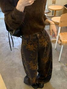 DAZY Tween Girl) Jacquard Loose Straight Leg Casual Washed Denim Pants Autumn/Winter Everyday Jeans - Blue - View 2