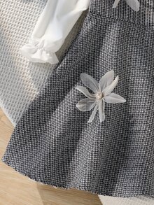 SHEIN 白色黑色拼接長袖羊腿袖3D花朵洋裝 時尚優雅仙女公主風 舒適 適合嬰兒洗禮 7歲生日派對 秋季 - 彩色 - 查看 3