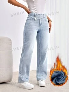 SHEIN Tall 女款休閒日常旅行牛仔褲，附口袋與鈕扣設計 - 淺色水洗藍 - 查看 7