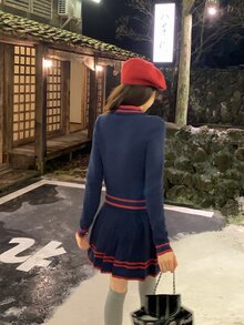 DAZY Women's Contrast Color Lapel Long Sleeve Cardigan & Casual Skirt Sweater Two Pieces Set, Autumn/Winter - Navy Blue - View 2