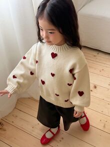 Dazy Kids Áo len bé gái sơ sinh cổ tròn họa tiết trái tim tay dài phong cách Hàn Quốc cho mùa thu/đông - trắng - Xem 1