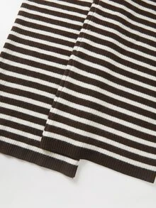 SHEIN Franclia All Casual Striped Knit Pants, Women Drawstring High Waist Flare Leg Trousers - Chocolate Brown - View 8