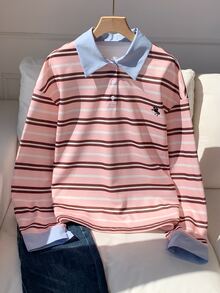 Comfortcana Women's Colorblock Long Sleeve Striped Polo Neck T-Shirt - Pink - View 3
