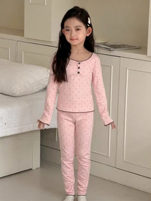 DAZY Tween Girl Button Half-Placket Long Sleeve Top And Polka Dot Print Pants Loungewear Set - Pink - View 7