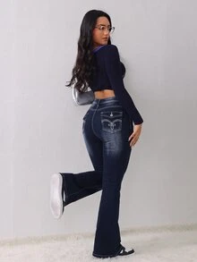 SHEIN Tall Women's Fashion Street Button Pocket Flared Jeans - Dark Wash - View 3