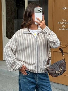 Siren Gaze Women's Striped Drop Shoulder Long Sleeve Zip-Up Casual Jacket - Apricot - View 1