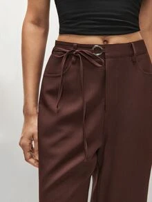 SHEIN TRNDY 2000s Style Women's Autumn/Winter Elegant Waist Bow Decor Commute & Casual Long Pants - Coffee Brown - View 5