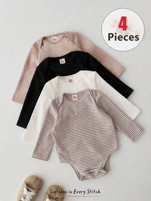 Cozy Pixies مجموعة ملابس أطفال حديثي الولادة للبنات والأولاد للخريف والشتاء، رومبير بأكمام طويلة بلون سادة لطيف، طقم من 4 قطع، محبوك ناعم برقبة دائرية مخطط وملون متعدد القطع - متعدد الألوان - مشاهدة 6