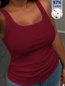 Slaydiva Plus Size Women Solid Color Square Neck Casual Versatile Tank Top - Burgundy - View 1