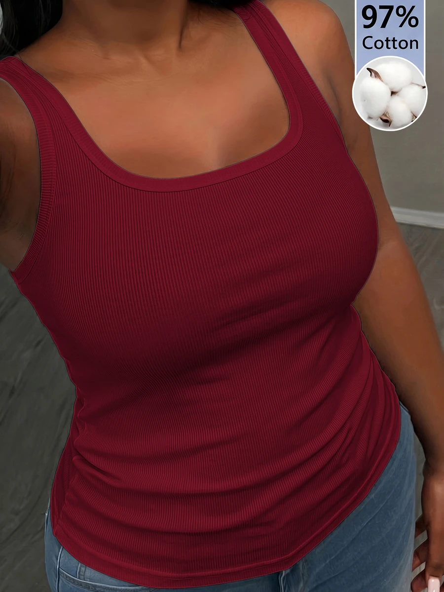 Slaydiva Plus Size Women Solid Color Square Neck Casual Versatile Tank Top - Burgundy - View 1