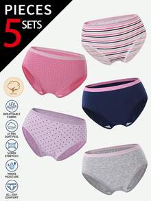 Girls Big Tween Girl All Season 100% Cotton Multi-Color Multi-Pattern Polka Dot Striped Minimalist Print Combination 5pcs Triangle Panty Set - Multicolor - View 4
